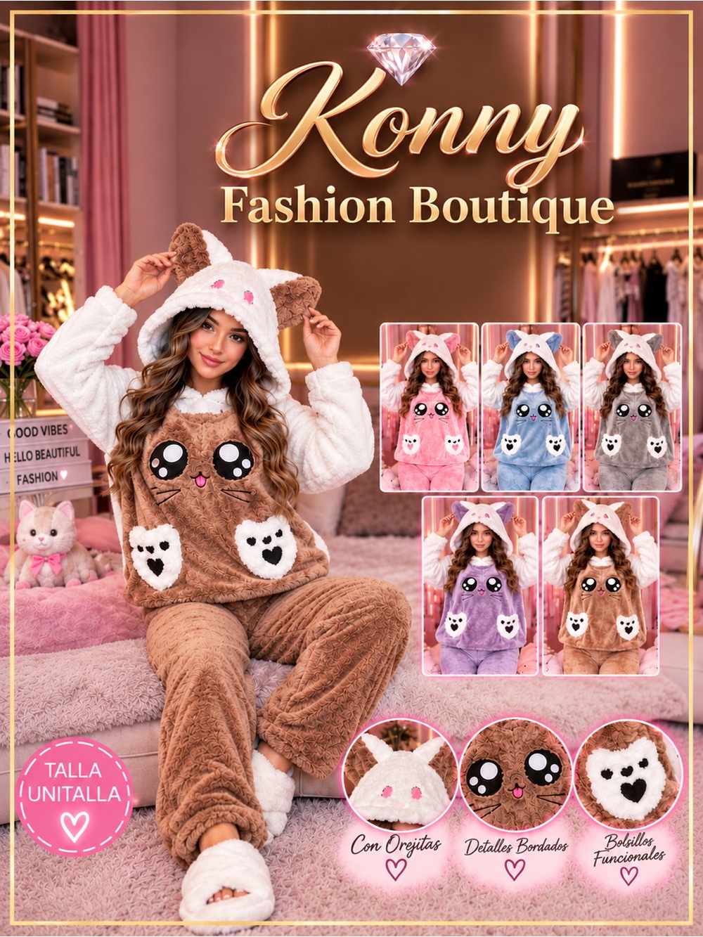 Kids Brown Plush Animal Hoodie Pajama Set
